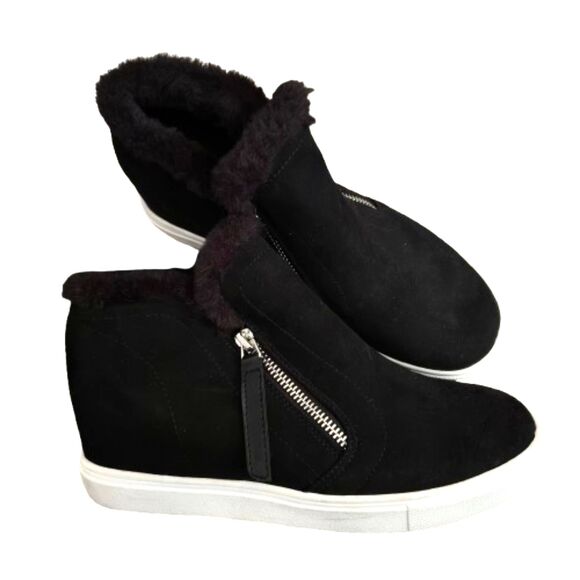 Madden Girl Prevale Hidden Wedge Faux Fur Suede Zip Sneakers Wedge 8 Sneakers - Picture 1 of 6